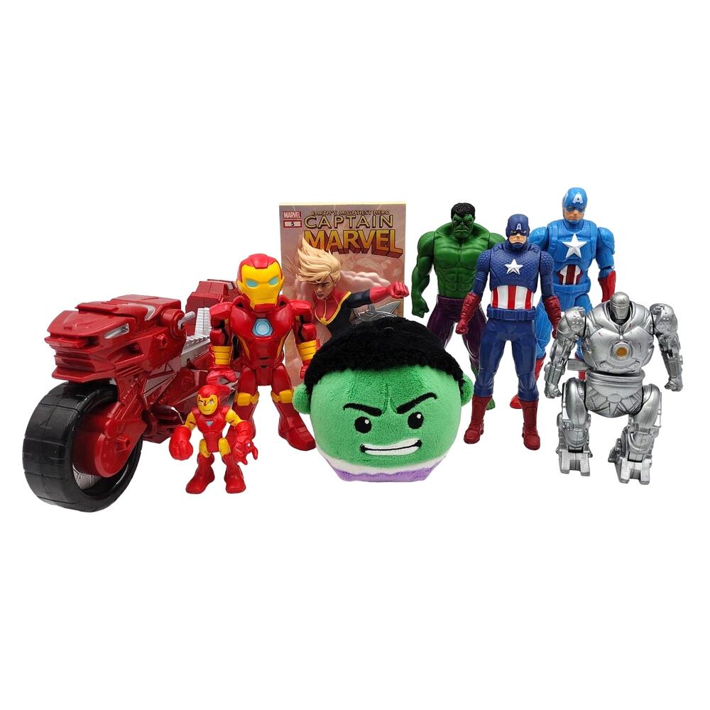 9 Marvel Action Figure Collectibles Iron Man Hulk Captain America Motorcycle Lot